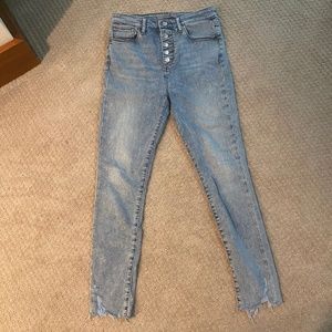 Joe’s Jeans High Waisted 5-button light wash jeans, raw hem, size 28